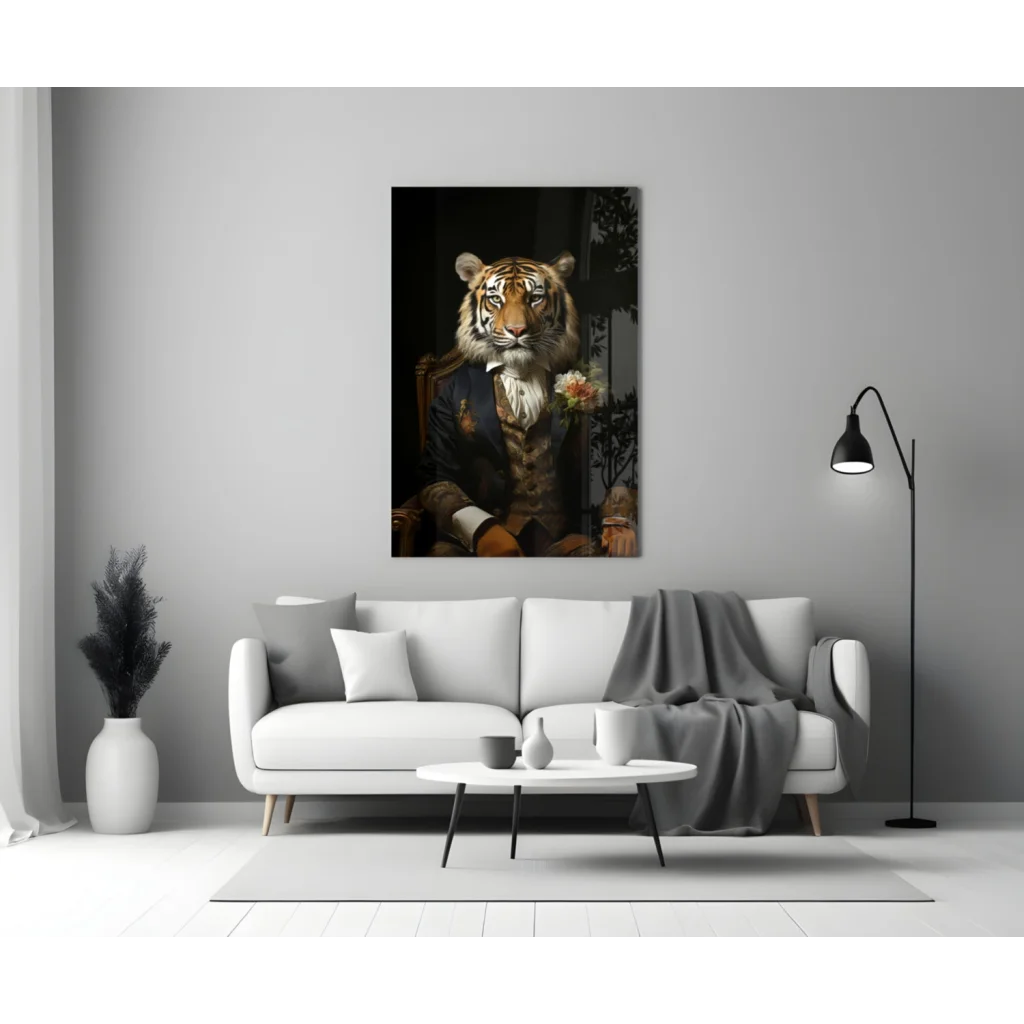 Striking tiger in suit glass wall art portrait with orange black stripes