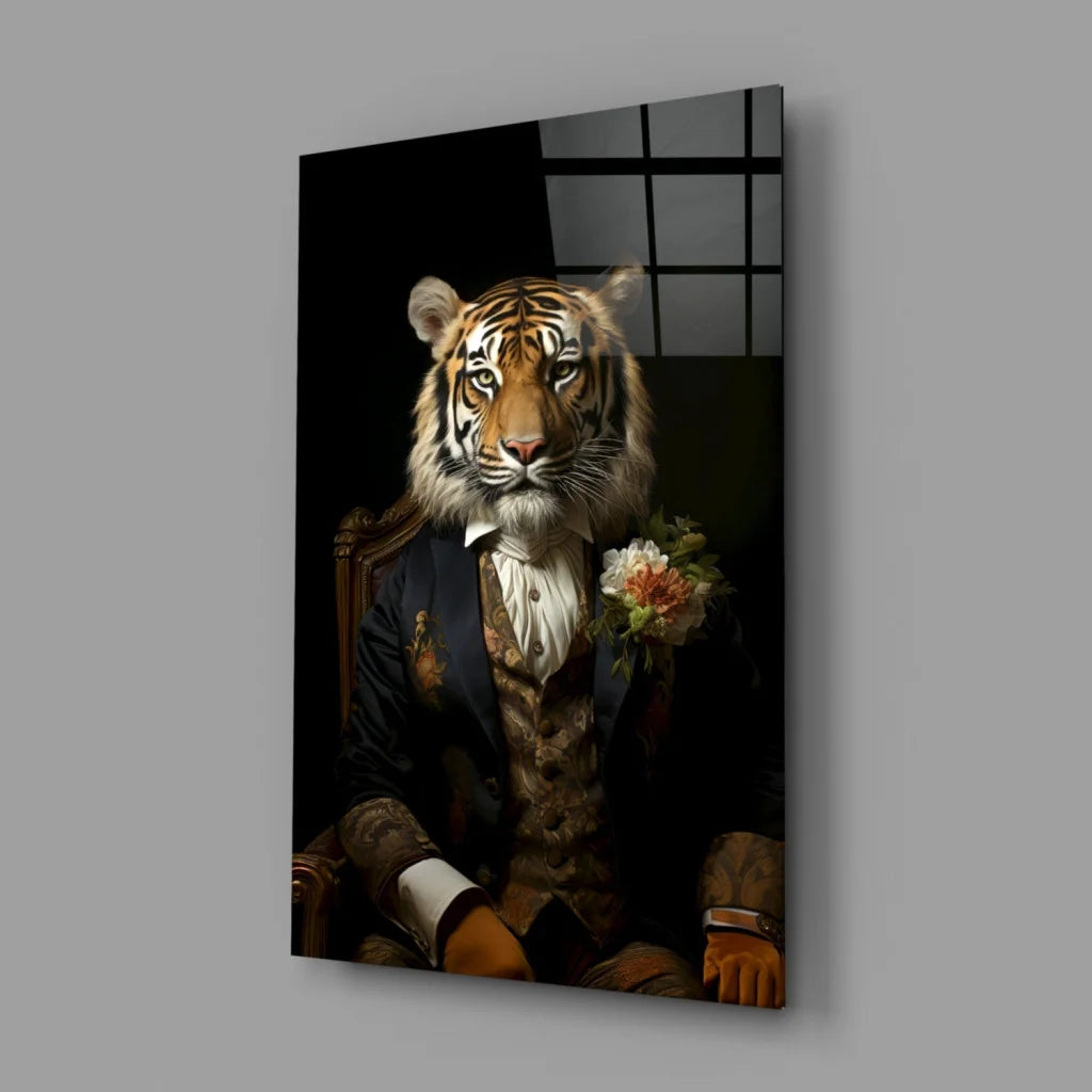 Elegant tiger in navy suit glass wall art canvas portrait