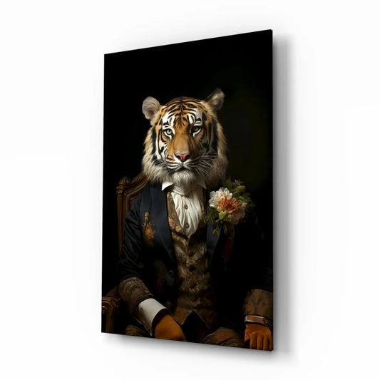 Regal Tiger in Suit glass wall art canvas portrait