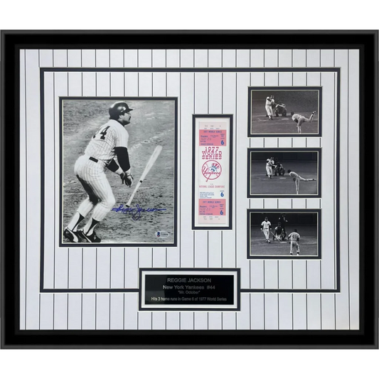 Reggie Jackson autographed Yankees deluxe framed 8x10 photo with World Series ticket