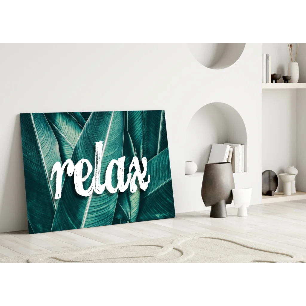 Teal tropical relax glass wall art canvas print with leaf pattern