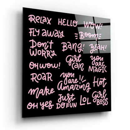 Pink neon girl boss black glossy glass wall art panel with magic phrases