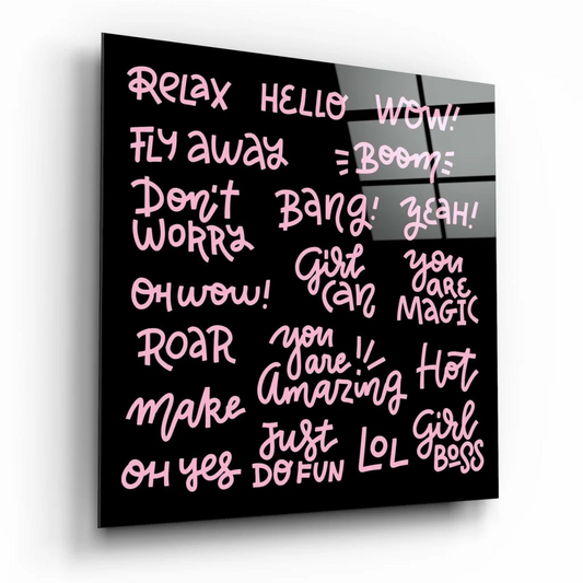 Pink neon girl boss black glossy glass wall art panel with magic phrases