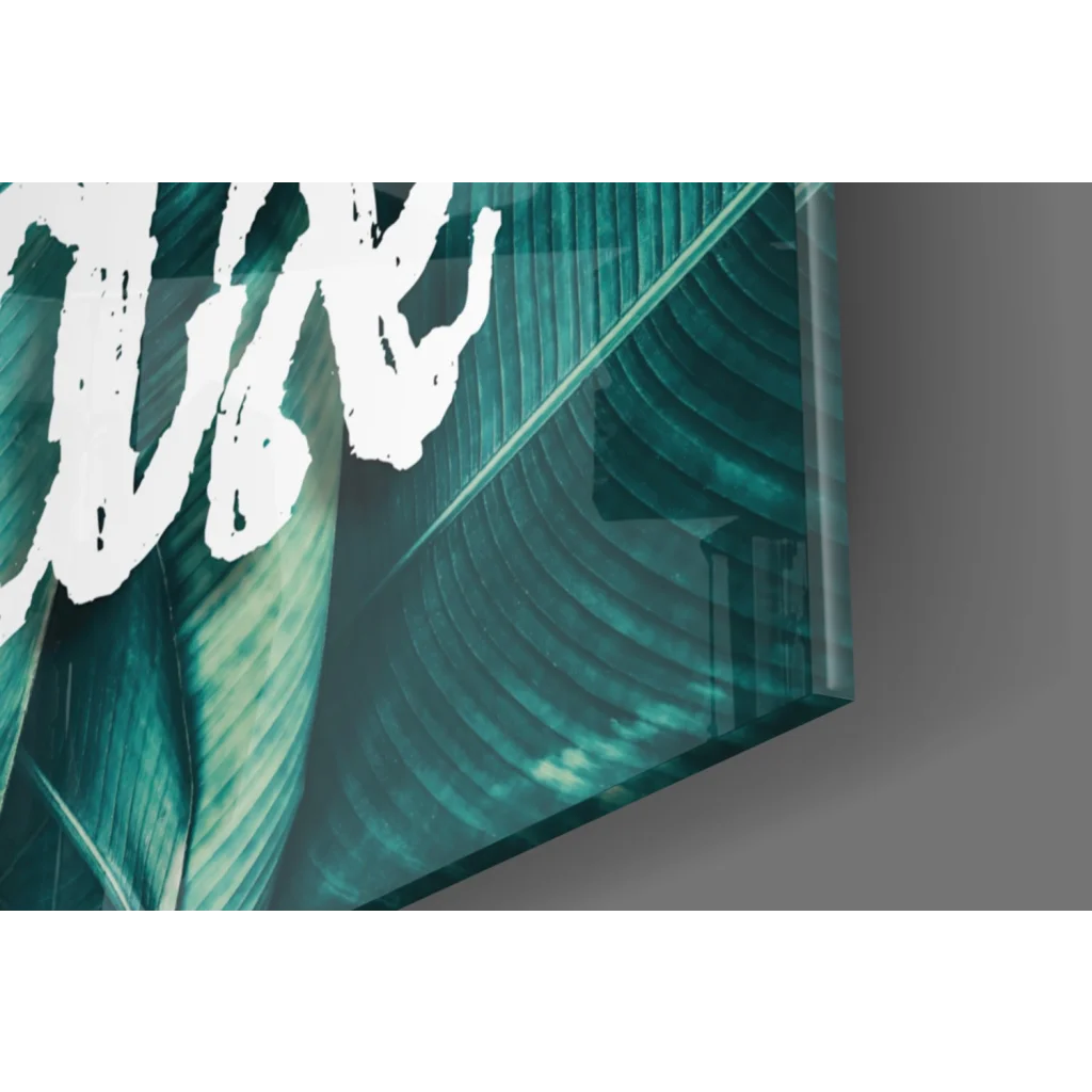 Teal tropical relax glass wall art with leaf patterns and white lettering