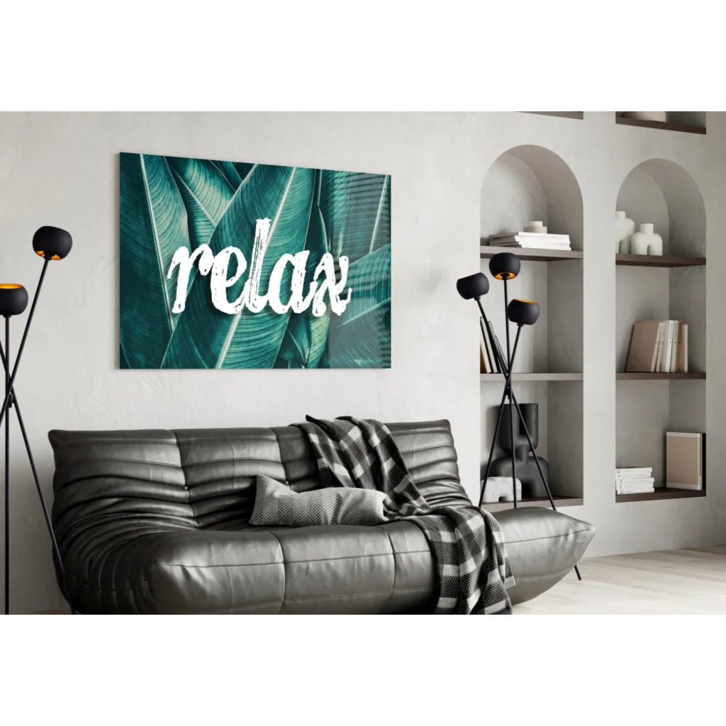Teal tropical relax glass wall art canvas print with leaf pattern and relax script