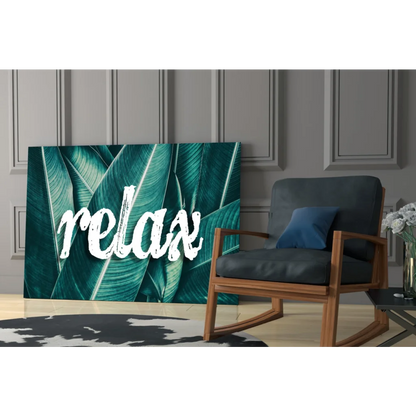 Teal tropical relax glass wall art canvas print with leaf pattern