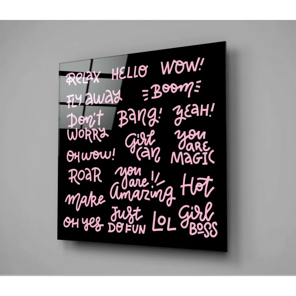 Pink Neon Girl Boss black glass wall art panel with empowering phrases