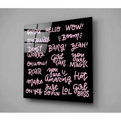 Pink Neon Girl Boss black glass wall art panel with empowering phrases