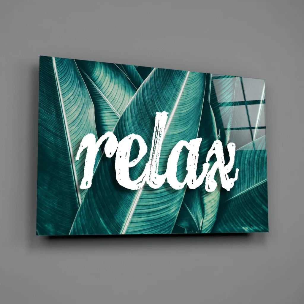 Teal tropical relax glass wall art with leaf design and relax text