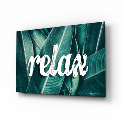 Teal tropical relax glass wall art canvas print with leaf pattern