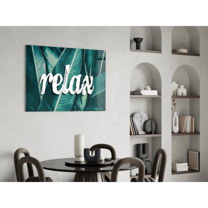 Teal tropical relax glass wall art canvas print with leaf pattern