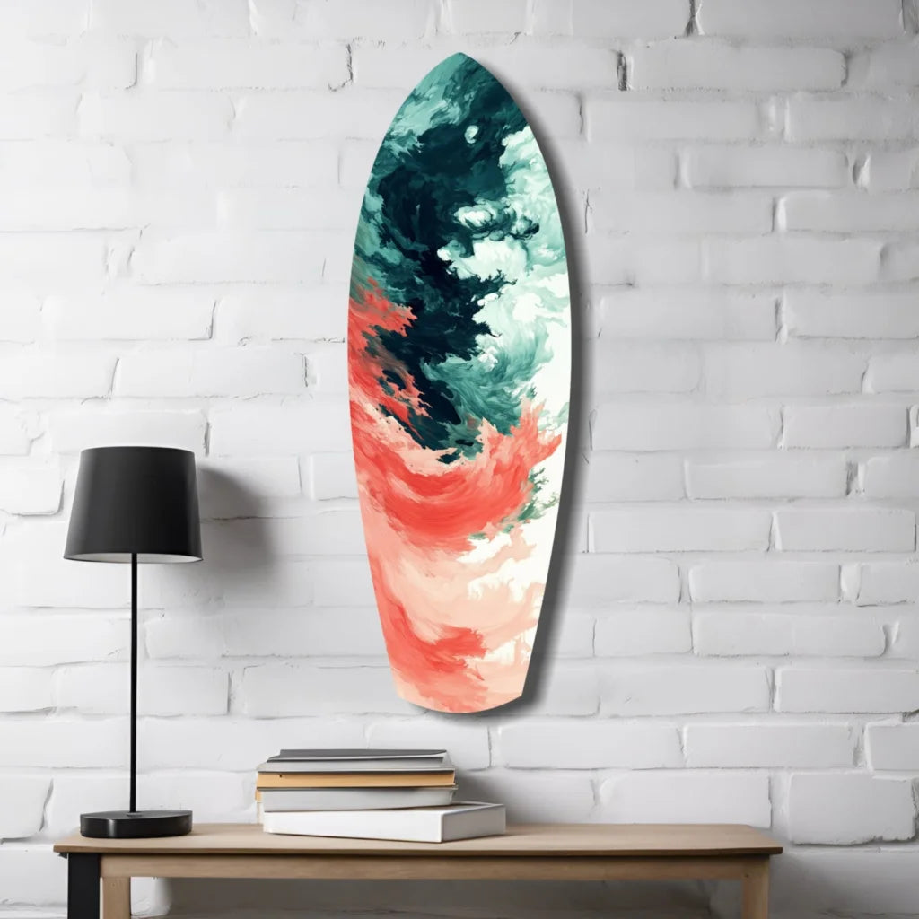 Vibrant Relentless Waves surfboard tempered glass art with teal, coral, cream swirls