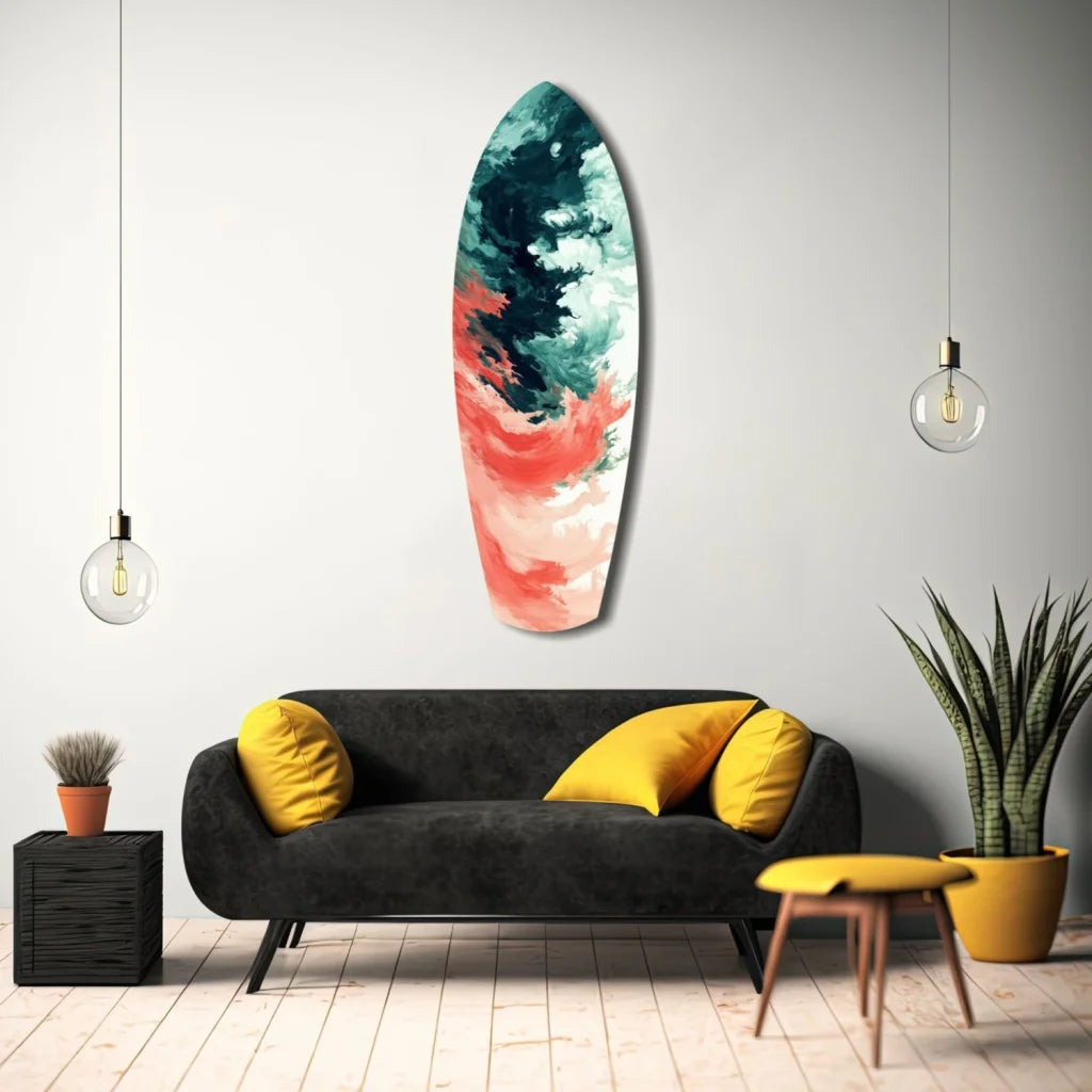 Vibrant relentless waves tempered glass art surfboard wall piece in teal coral gradient