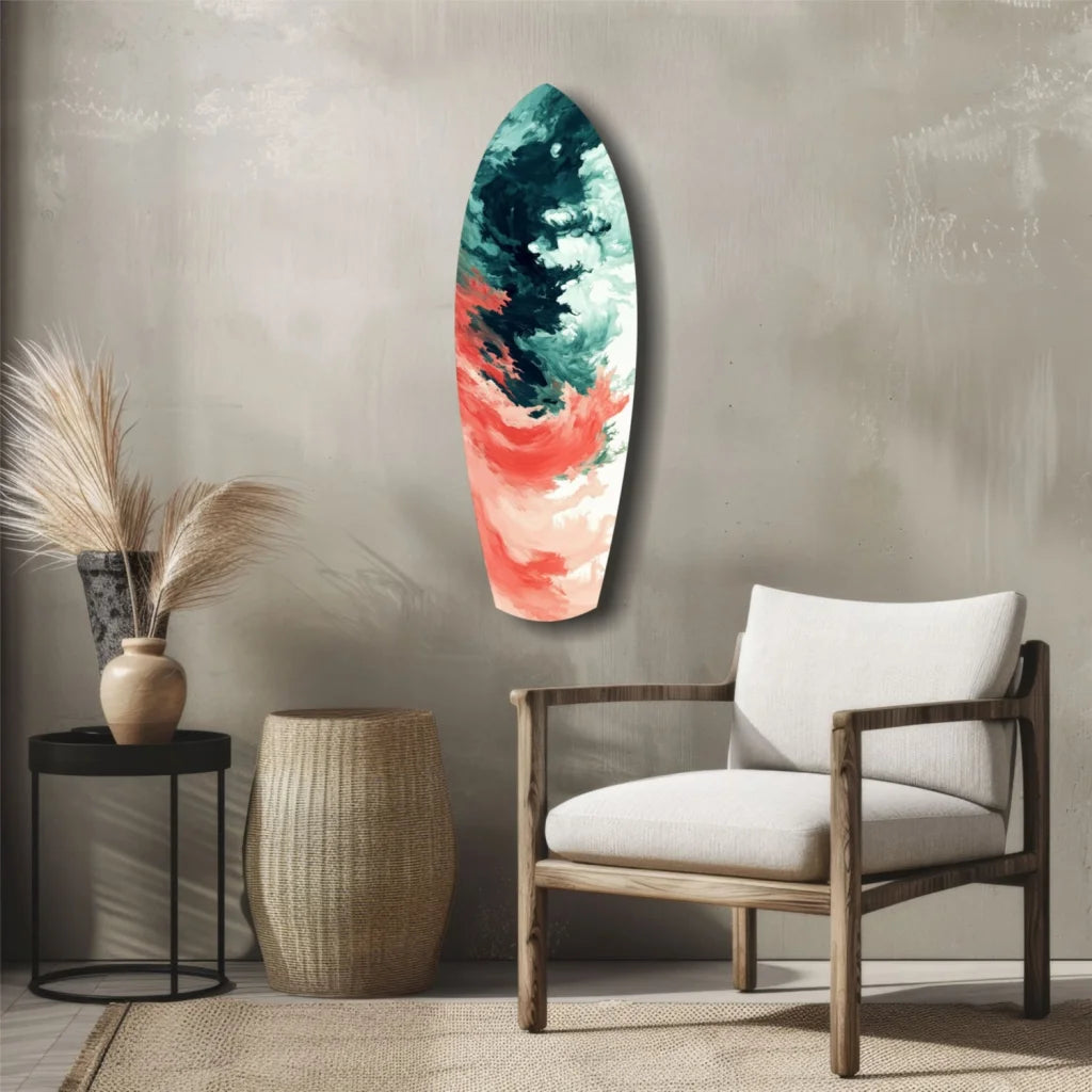 Vibrant Relentless Waves surfboard tempered glass art in teal coral swirls
