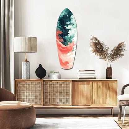 Vibrant Relentless Waves surfboard tempered glass art in teal coral swirls