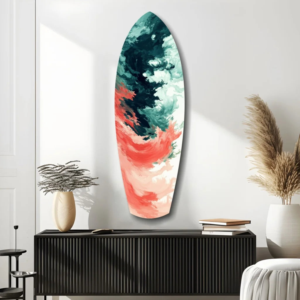 Vibrant Relentless Waves surfboard tempered glass art in teal, coral, white swirls