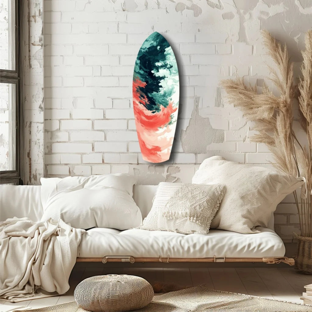 Relentless Waves surfboard tempered glass art in teal coral swirls