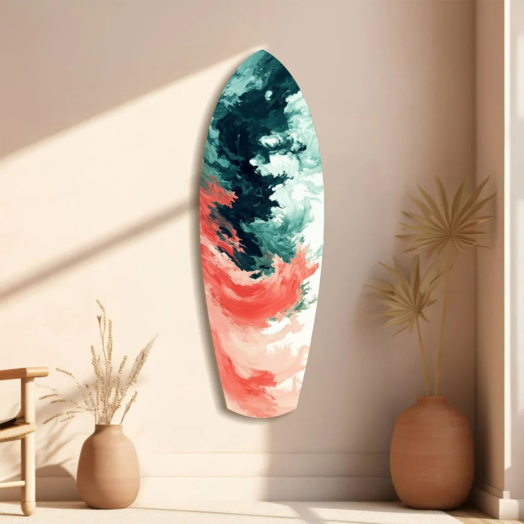 Vibrant Relentless Waves surfboard tempered glass art with teal coral swirls