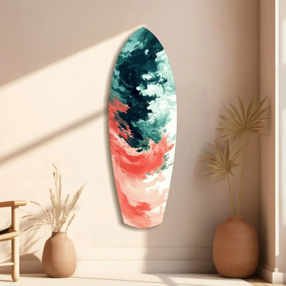 Vibrant Relentless Waves surfboard tempered glass art with teal coral swirls