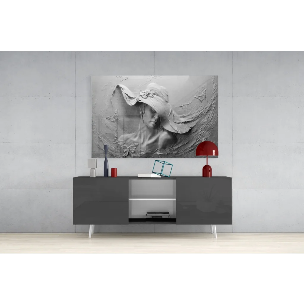 Monochromatic elegant lady glass wall art with flowing hat, butterflies, florals