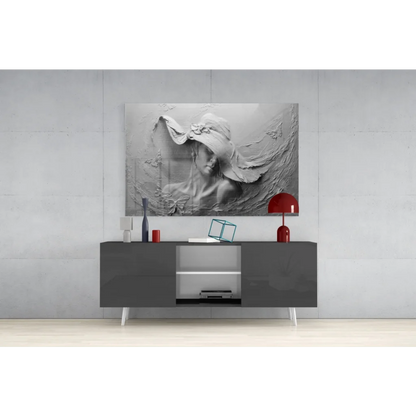 Monochromatic elegant lady glass wall art with flowing hat, butterflies, florals