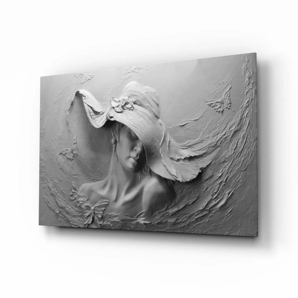 Elegant lady on gray textured glass wall art with butterflies and hat