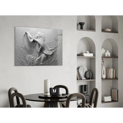 Monochromatic textured glass wall art of elegant lady in hat with butterflies and florals