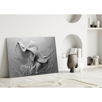 Elegant lady glass wall art with butterflies, florals, and sculptural gray canvas