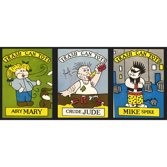 Three funny Garbage Pail Kids Tots Stickers with wild characters and silly names