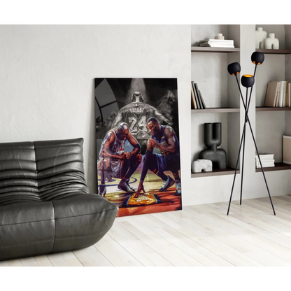 Dynamic LeBron James and Kobe Bryant basketball legends black gold canvas wall art