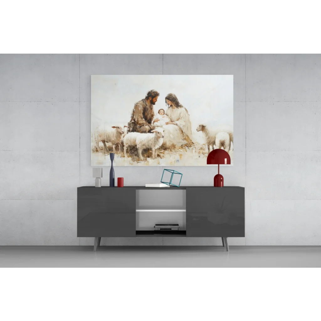 Serene nativity scene canvas wall art in soft earthy tones