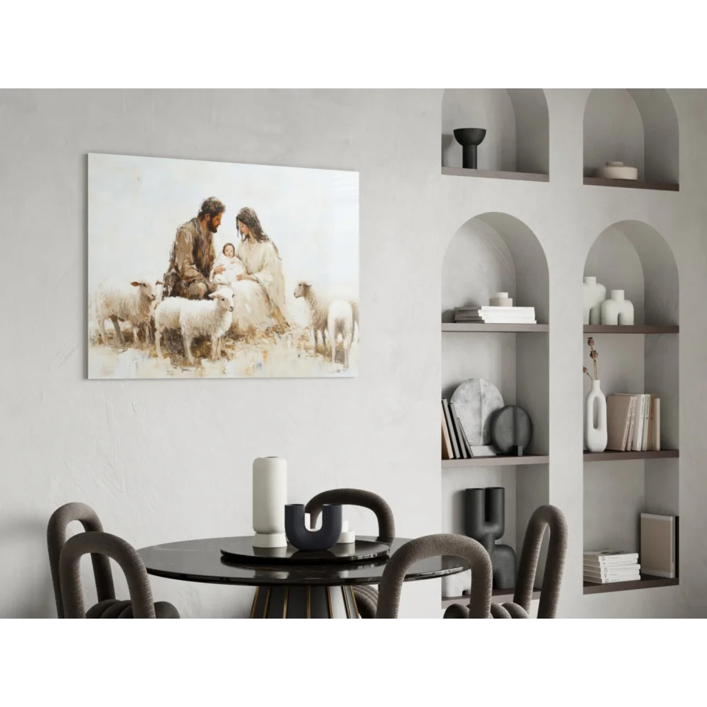 Serene nativity scene wall art canvas with sheep in earthy tones
