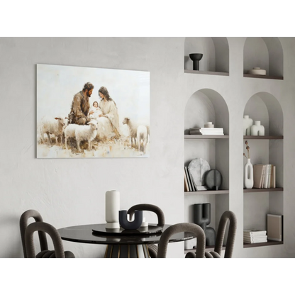 Serene nativity scene wall art canvas with sheep in earthy tones