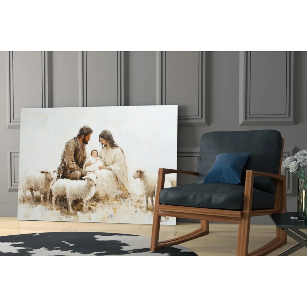 Serene nativity scene canvas wall art in soft earthy tones
