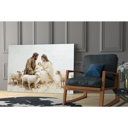 Serene nativity scene canvas wall art in soft earthy tones