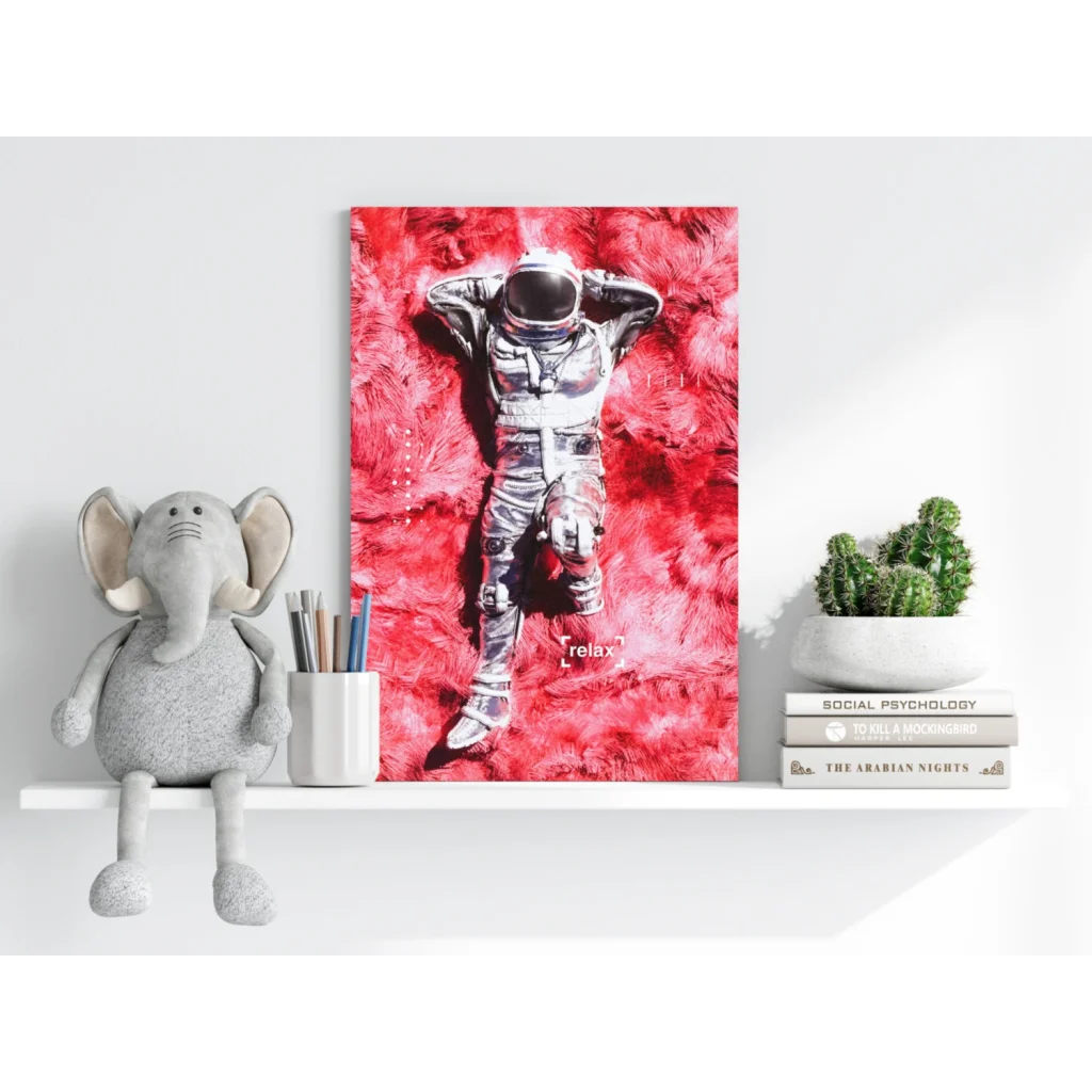 Vibrant red relaxing astronaut insigne aluminum print on fluffy pink fur