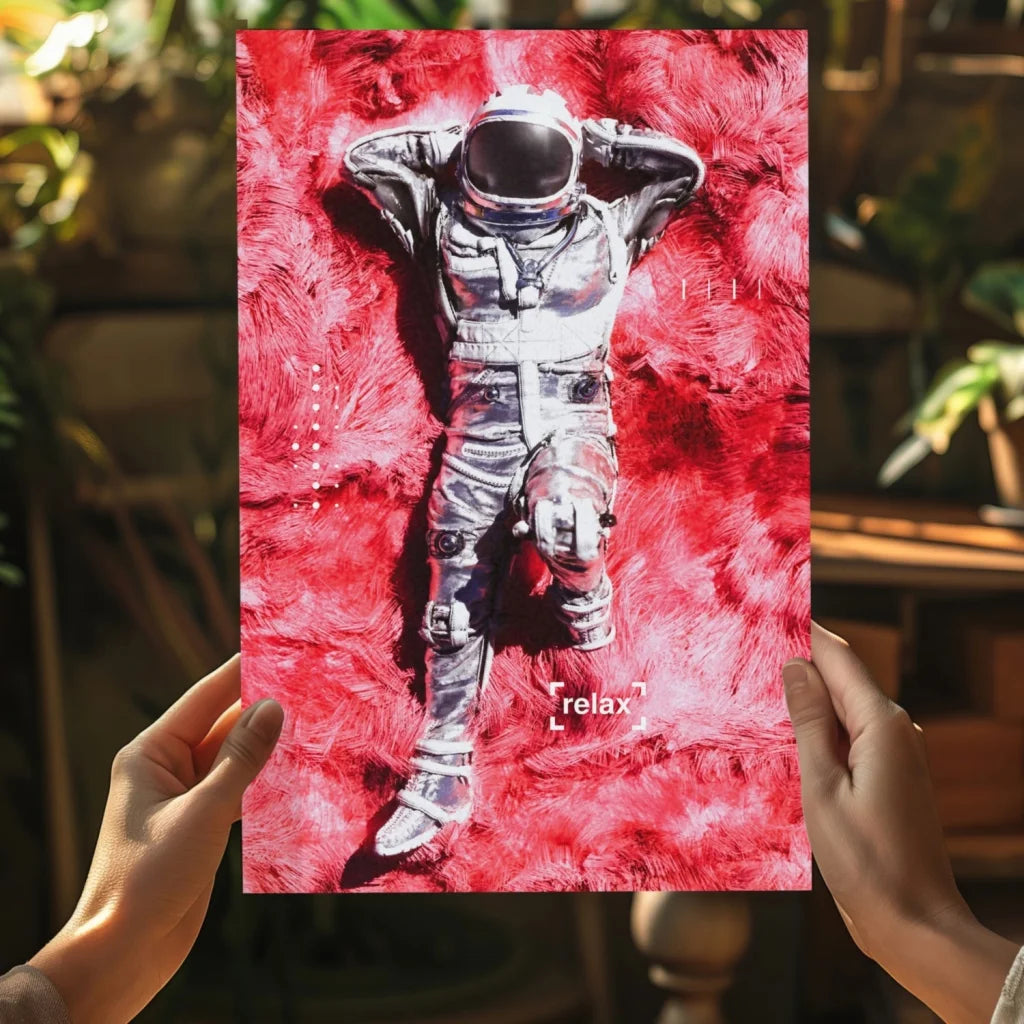 Silver astronaut figurine relaxing on red fluffy surface, insigne aluminum print