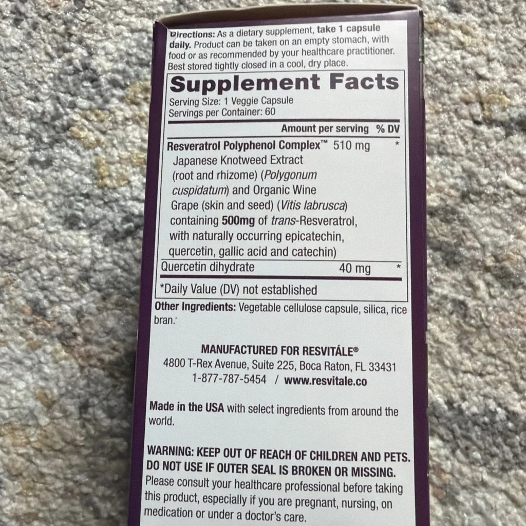 ResVitále resveratrol supplement 500 mg purple box back label