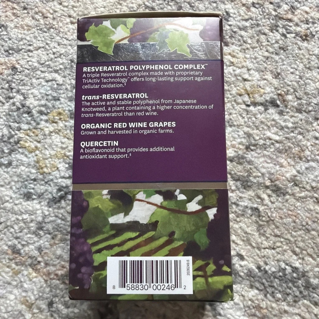 ResVitále Resveratrol 500 mg supplement box with grape vines, 60 caps