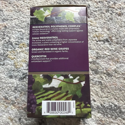 ResVitále Resveratrol 500 mg supplement box with grape vines, 60 caps