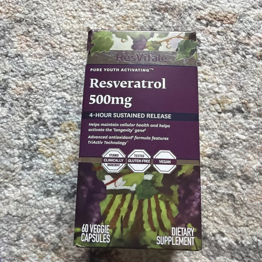 ResVitále Resveratrol 500mg supplement box with grape imagery