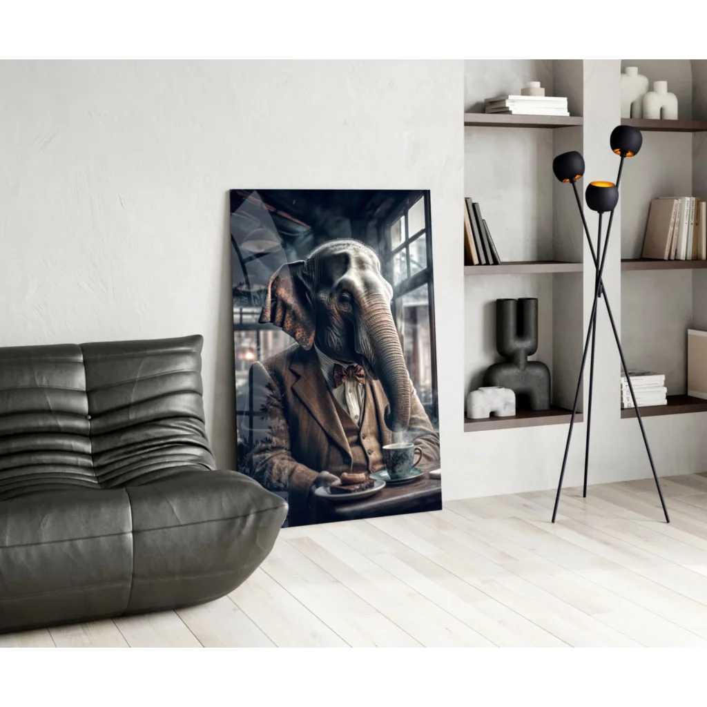 Dapper Elephant sipping tea in suit, glass wall art canvas print