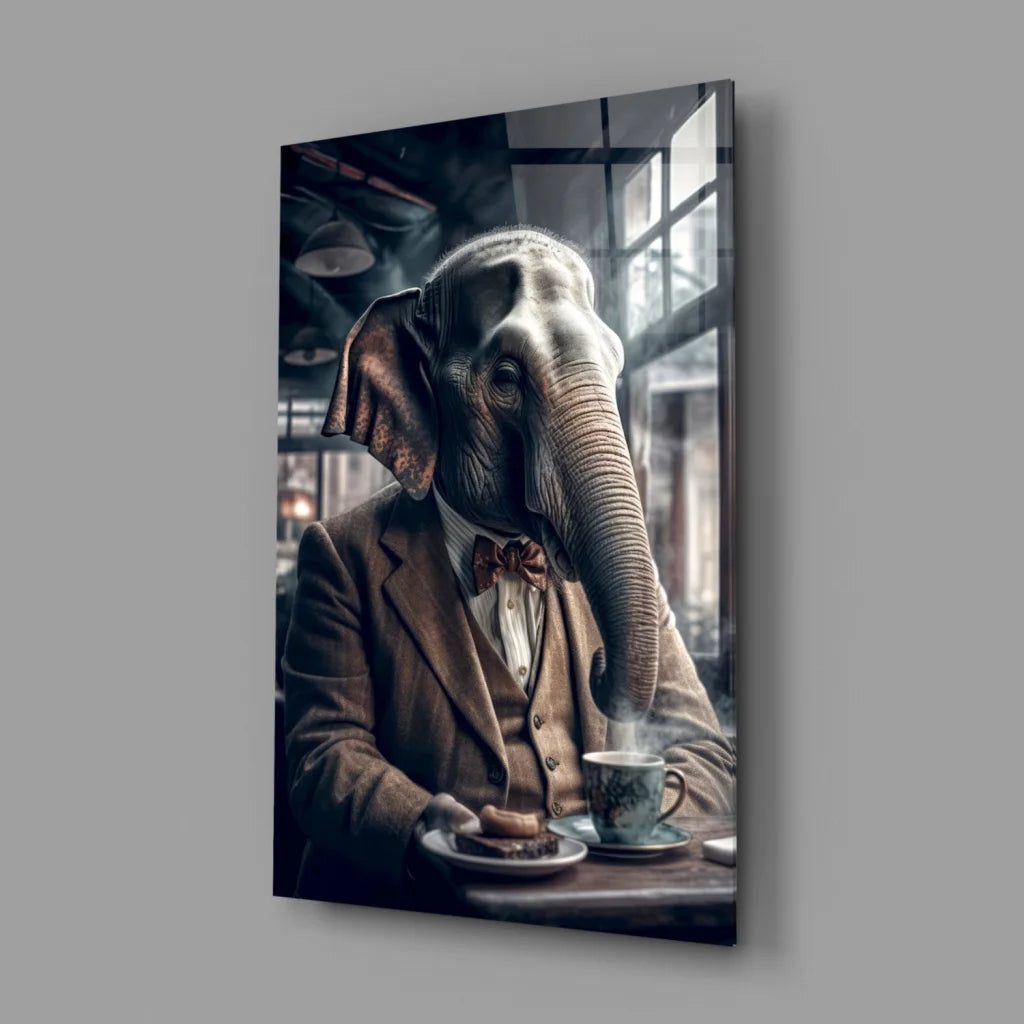 Dapper Elephant sipping coffee in glass wall art canvas print