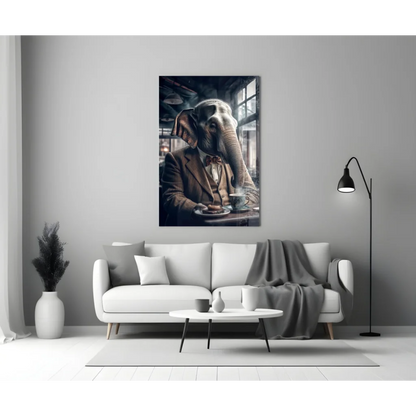 Dapper Elephant sipping tea in suit, glass wall art canvas print