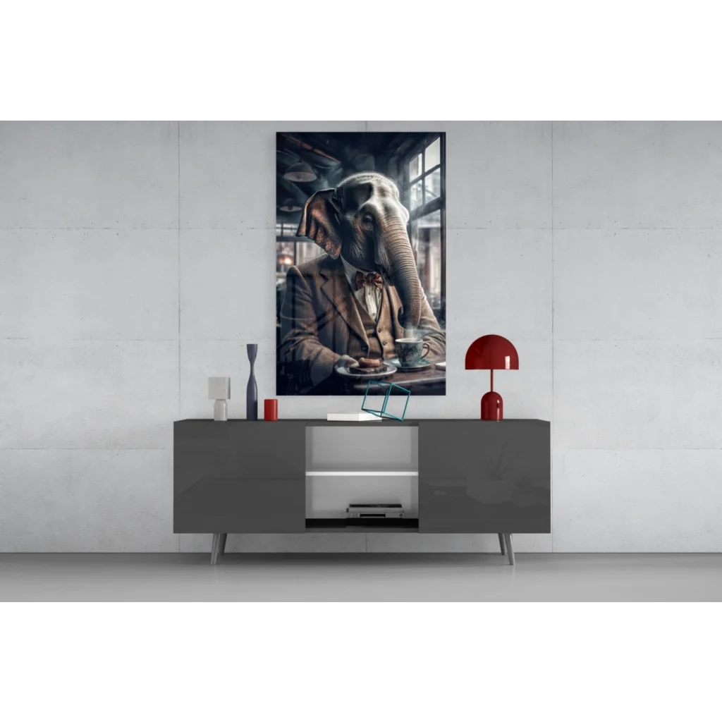 Dapper Elephant Tea Time glass wall art canvas print with realistic vintage elephant sipping tea