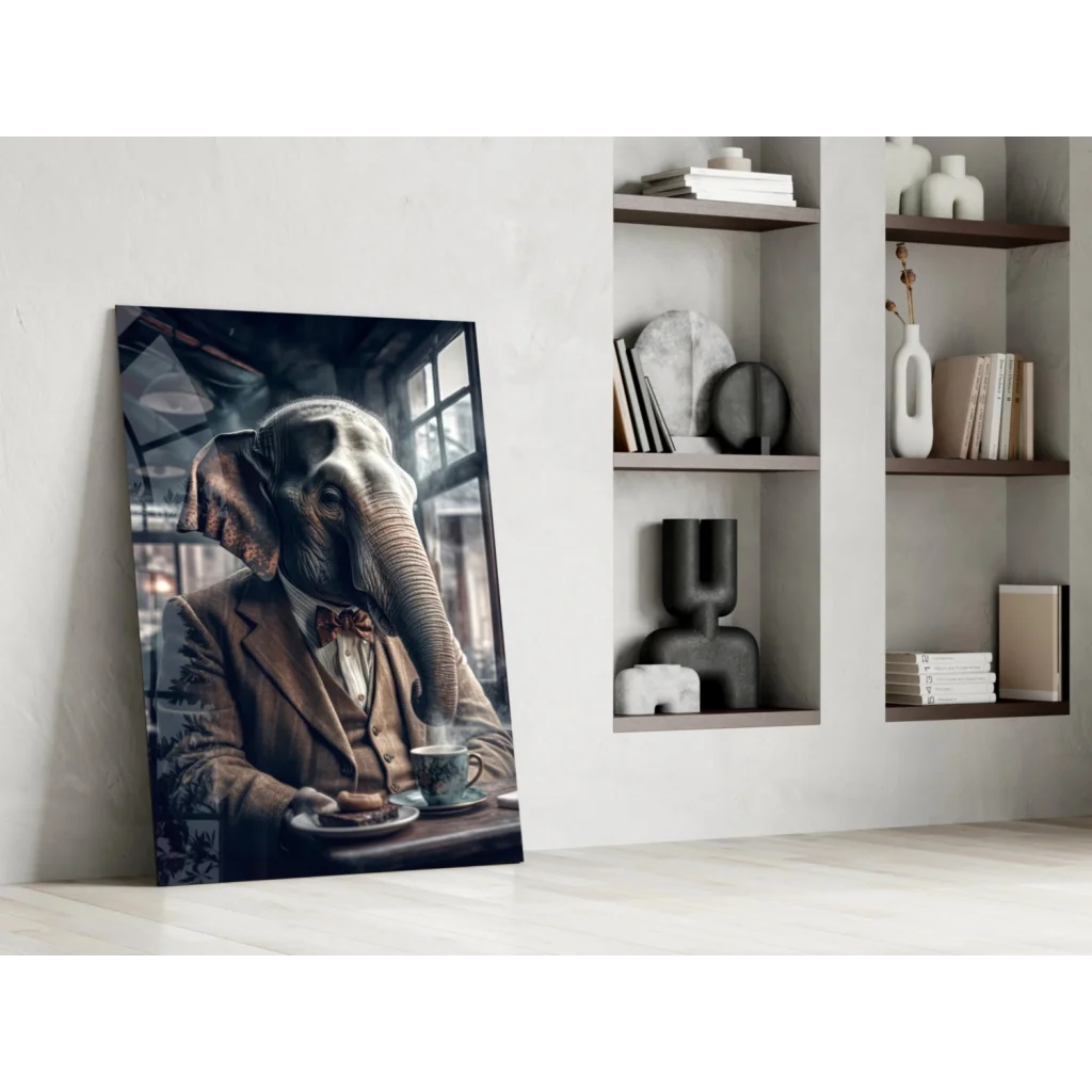 Dapper Elephant Tea Time glass wall art canvas print of suited elephant sipping coffee