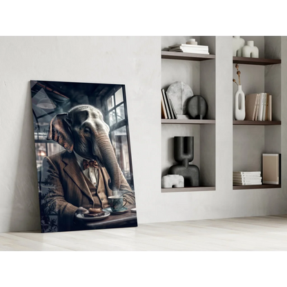 Dapper Elephant Tea Time glass wall art canvas print of suited elephant sipping coffee