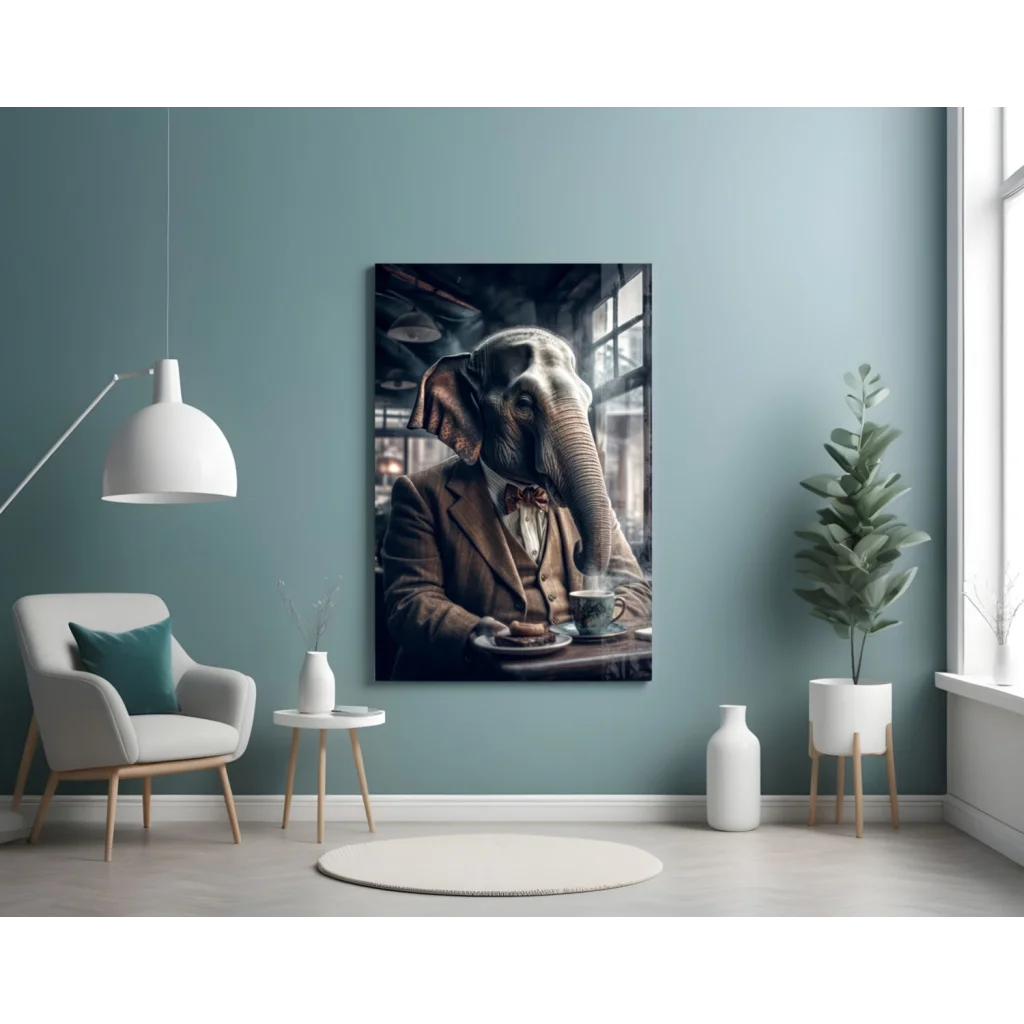 Dapper Elephant sipping coffee in vintage suit, sepia glass wall art print