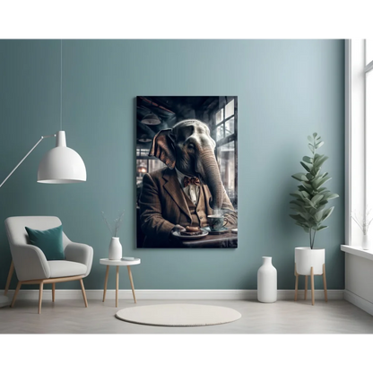 Dapper Elephant sipping coffee in vintage suit, sepia glass wall art print