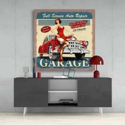 Vintage red car poster with pin-up girl on retro 1950s glass wall art